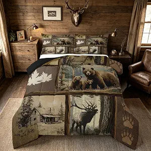 Erosebridal Grizzly Bear Deer Plaid Kids Comforter Sets Hunting Wildlife Theme King Bedding Set for Boys Men Rustic Farmhouse Cabin Comforter Set,Western Country Maple Leaf Quilt Duvet 3 Pcs