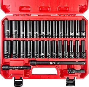 EACELIY 29pcs 1/2" Socket Set, Drive Deep Impact Socket Set, Including 3 ", 5", 10" Impact Extension Bar, Standard SAE (3/8 "- 1") and Metric (10mm-24mm), Cr-V Steel