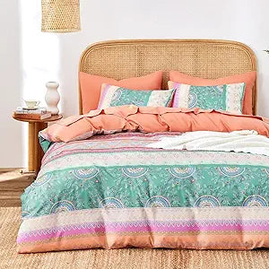 Wake In Cloud - Boho Comforter Set, Bohemian Chic Colorful Medallion with Geometric Botanical Flowers and Horizontal Stripes, Soft Lightweight Bedding, 3 Pieces, Coral Green, Queen Size