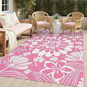 Ileading Outdoor Plastic Straw Rug 5x8ft Funny Floral Style Reversible Patio Area Rugs Waterproof Non Shedding Portable Carpets for Rv Outside Deck Pool Beach Picnic Camping (Pink)