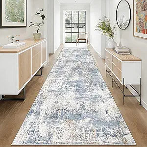 XLUEZ 2.6x10 Runner Rug for Hallway, Washable Modern Abstract Runner Rugs Neutral Soft Non Slip Kids Rug Stain Resistant Indoor Runners for Entryway Bedroom Kitchen Laundry Room(Blue, 2'6''x10')