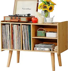 Record Player Stand with Vinyl Storage Holds Up to 300lb, Large Record Player Table Cabinet for Album Storage with Holder Vinyl Display Shelf, Wood Turntable Stand for Bedroom Living Room (Nature)