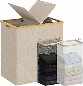 efluky Laundry Hamper with Lid, Double Laundry Basket with 2 Removable Bags, 2 Section Laundry Bin with Bamboo Handles for Bathroom, Bedroom & Laundry Room, 140L (36.9 Gallon) Oat