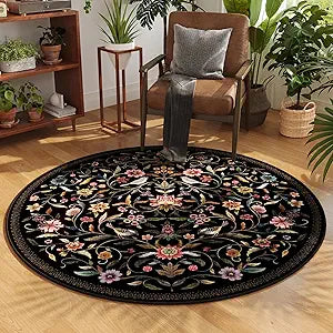 Vintage Medallion Floral Round Rug 4ft, Washable Circle Area Rug, Non-Slip Soft Low Pile Circular Carpet for Bedroom, Living Room, Dining Room, Entryway, Office, Kids, Bathroom | Black