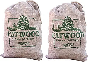 Betterwood Fatwood Firestarter Burlap Bag for Campfire, BBQ, or Pellet Stove; Non-Toxic and Water Resistant; Safe and Easy Set- Up, 2 Pack