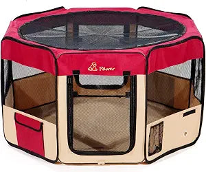 Pawer 4524 8-Panel Foldable Pet Playpen, Burgundy+Beige, Personalize Embroidery Extra Fabric Piece Available, for Cat/Dog/Puppy, 600D Oxford Cloth Portable Indoor & Outdoor Kennel with Carry Bag