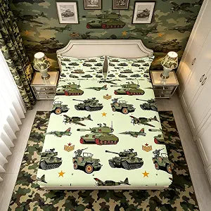 Aircraft Tank Fitted Sheet Twin Size, Green Camo Helicopter Airplane Bedding Set 2pcs for Kids Boys Room Decor, Military Army Equipment Bed Cover with 1 Pillowcase, Soft Deep Pocket Sheets, No Flat