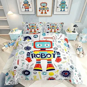 Erosebridal Boys Cartoon Robot Bedding Set Colorful Robot Pattern Twin Comforter Set for Kids Teens Outer Space Down Comforter Kawaii Decor Bedding Comforter Sets for Room