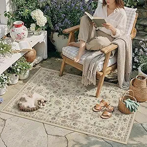 HUGEAR 4x6 Outdoor Rug Colorful Linen-Look Fabric Checkered Area Rug High Traffic Stain Resistant Easy Clean Durable Rugs for Indoor/Outdoor Patio Deck Balcony Porch Garden Courtyard