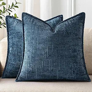 decorUhome Chenille Throw Pillow Covers 22x22 Set of 2, Soft Textured Slubby Modern Decorative Pillow Covers with Elegant Design for Couch, Sofa, Living Room, Navy Blue