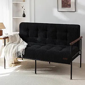 MAXYOYO Loveseat Sofa, Button Tufted Upholstered Small Couch for Living Room, Modern Love Seat Couches with Metal Frame & Wood Armrests for Bedroom Office, Easy to Install, Black