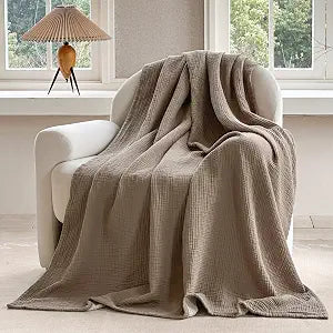 FALUCA Cotton Muslin Cooling Reversible Blanket King Size for Bed, Couch, Four Layers Blanket, Soft Lightweight Cozy Breathable Farmhouse Decoration for Summer, Brown