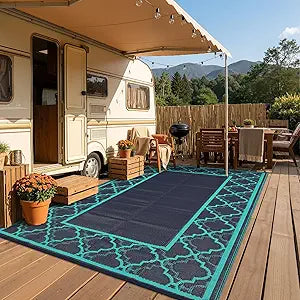 Garvee Reversible Outdoor Rug 9x12, Waterproof Outdoor Plastic Straw Rug with Interlacing Pattern, RV Mat for Picnics, Patio, Camping, Balcony, Deck, Backyard, Porch, Navy
