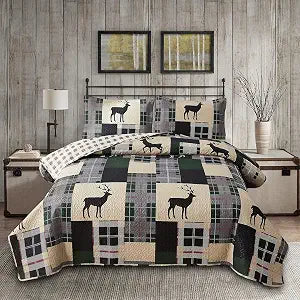 Ycosy 3pcs Breathable Lightweight Christmas Plaid Lodge Quilt Set Full/Queen Size Including Quilt, 2 Pillow Shams, Green, Polyester, Bedspread Set or Bedding Set