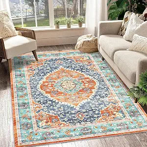 Garvee 5x7 Area Rug - Washable Rugs for Living Room, No Pile Boho Carpet for Entryway, Bedroom, Dinning Room, Vintage Carpet Print, Distressed Non-Slip. Red