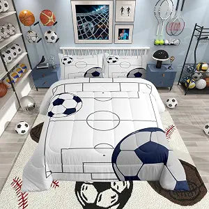 Football Boys Comforter Set King Size, Ball Games Sports Theme Soccer Print Quilt Set for Kids Teens Gamer Room Decor, Football Court Pattern Navy Blue Polyester Bedding Set with 2 Pillowcases