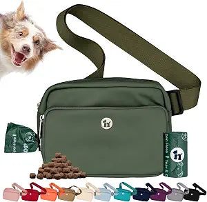Puppington 3-in-1 Crossbody Bag & Dog Treat Pouch for Pet Training - Matching Poop Bags & Built-in Poop Bag Dispenser - Zippered Pockets - Dog Walking Bag for Office to Off-Leash (Basil Green)