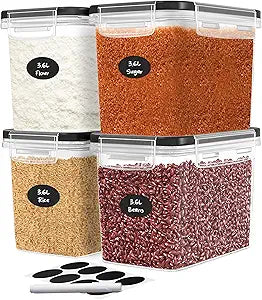 DWLLZA KITCHEN Flour Sugar Storage Containers Set of 4; 3.6L Plastic Airtight Food Storage Containers with Lids for Kitchen Pantry Organization and Storage - Dry Food Containers, Labels & Marker