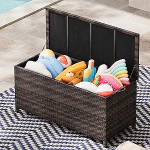 125 Gallon Large Deck Box Waterproof PE Rattan Outdoor Storage Box with Handles and Wheels, Storage Bin for Garden, Balcony, Porch, Pool, Yard