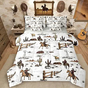 Erosebridal 7 Piece Western Cowboy Bedding Sets Country Comforter Set Full Bed in A Bag,Rustic Ranch Southwestern Comforter and Sheets Vintage Farmhouse Cabin Bed Set,White Brown