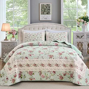 Xruibed Floral Quilt Set Full 3PCs Antique Rose Green Bedspread Coverlet