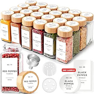 EDELHAUS Square Spice Jars with Bamboo Wooden Lid (Pack of 24) Spice Jars with Shaker Insert and 240 Labels - Bamboo Lid Glass Container for Spice Organisation [4.3 in  1.8 in]