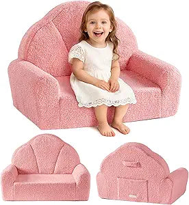 ROBUD Toddler Chair, Comfy Kids Sofa with Teddy Fleece, High Resilience Sponge, and Hidden Storage Pocket, Toddler Couch with Princess Style Design, Kids Couch for Boys and Girls, Pink