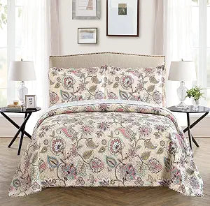 All American Collection 3 Piece New Printed Modern Floral Bedspread Coverlet, Floral, Over Sized Full/Queen, Beige