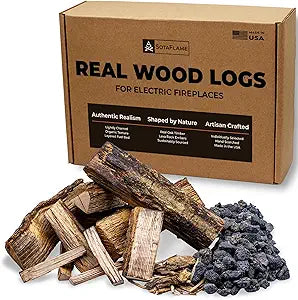 Premium Real Wood Log Set for Electric Fireplaces - Charred Oak Logs with Bark, Wood Chips & Lava Rock - Compatible Electric Fireplaces up to 50" with Minimum 3.5" Ember Bed Depth