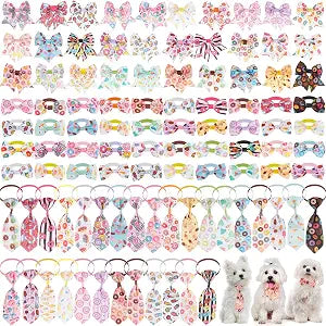 Reginary 100 Pieces Dog Bow Tie Collar Set Include 40 Dog Neckties, and 30 Puppy Bowties, 30 Collar Flowers, Adjustable Pet Ties Grooming for Small Medium Cats Pets Supply(Donut)