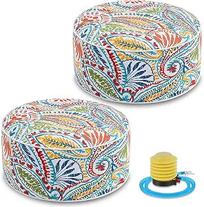 Juexica 2 Pack Inflatable Outdoor Ottoman Pouf Waterproof Round Footrest with Handle D21 x H9 Inch Indoor Outdoor Portable Footstool Pouf for Patio Garden Camping or Home Pool(Boho)