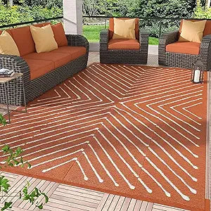 Garvee 9x12 Reversible Extra Large Outdoor Patio Rug, Waterproof Big Camping Mat for RV, Beach, Balcony, Backyard, Deck, Porch, Garden, Foldable Striped Outdoor Carpet, Orange&White.