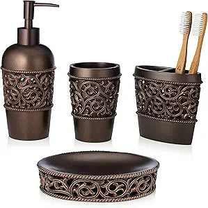 Essentra Home 4-Piece Bronze Bathroom Accessory Set, Complete Set Includes: Toothbrush Holder, Lotion Dispenser, Tumbler and Soap Dish