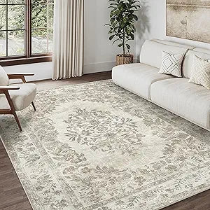 PureCozy 6x9 Area Rug Beige Washable Vintage Distressed Living Room Carpet Large Bedroom Indoor Medallion Floral Non Slip Retro Throw Floor Mat for Office Dining Room Kitchen Bathroom