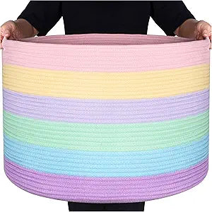 MINTWOOD Design Extra Large 22 x 14 Inch Rainbow Blanket Basket for Colorful Room Decor, Playroom & Classroom Storage Basket, Decorative Cotton Rope Basket, Toy Storage Baskets & Bins, Pastel Rainbow