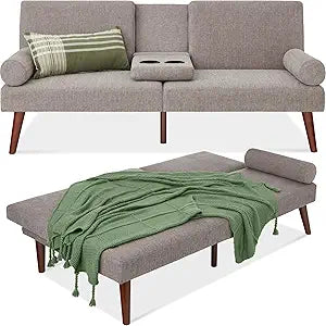 Best Choice Products Mid-Century Modern Upholstered Futon, Convertible Folding Sofa Bed, Small Couch w/Rounded Armrests, 2 Cupholders - Gray