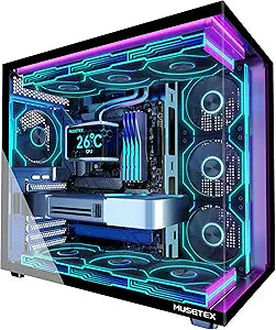 MUSETEX Y6 PC Case, Pre-Installed 7 Infinity Mirror PWM ARGB Fans, ATX Mid Tower Computer Case, Gaming PC Case with Type-C, 270 Full View Tempered Glass, Black