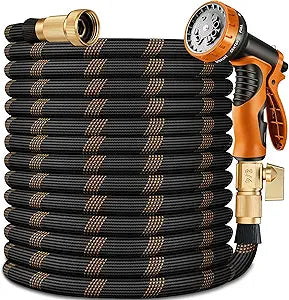 Flexible Garden Hose 75 FT, Ultra Lightweight Water Hoses w/10 Function Sprayer and 3/4" Brass Fittings, Kink-Free, Sturdy, Abrasion Resistant for Yard, Lawn, Outdoor and Gardening(Black Orange)