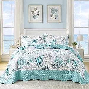 Qucover California King Quilt 118"x106", Oversized King Bedspread, Coastal Style Quilt Set for Summer, Ocean Beach Themed Bedding Set with Coral Seashell Pattern, Soft Lightweight Cloud-Like Coverlet
