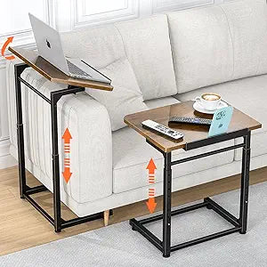 Tv Tray Table, 8-Level Adjustable Height Couch Side Table90 Tilt Angle Adjustments C-Shaped End Table, with Phone & Tablet Slot Sofa Computer Desk for Couch, Sofa, Bed, Chair, Living Room (Brown)