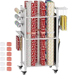 Wrapping Paper Storage Organizer with Wheels, Gift Wrap Storage Station with Ribbon and Gift Bag Storage, Rolling Craft Storage Cart with 12PCS Slap Bands, Christmas Decor, White