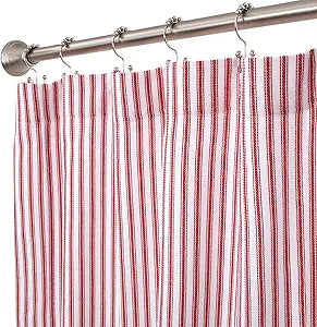 Red and White Ticking Stripe Woven Cotton Shower Curtain 72 Inches W x 72 Inches L
