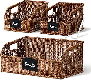 Brownlily Wicker Pantry Storage Baskets with Chalkboard,Handwoven Baskets for Organizing with Built-in Handles, All-Purpose Storage Baskets for Shelves, Laundry Room, Brown - Single Set (3-Piece)