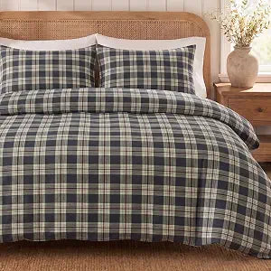 Herside Queen Duvet Cover Set,100% Cotton Double Gauze,Navy Gray Plaid Muslin Bedding,Soft Breathable Classic Check Tartan Farmhouse Bedding Set,3 Pieces
