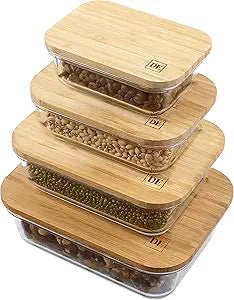 DE Glass Food Storage Containers with Bamboo Lids  4 Pack (12oz/21oz/35oz/51oz)  BPA-Free Borosilicate Glass Meal Prep Boxes  Oven, Microwave, Freezer Safe  Stackable & Airtight