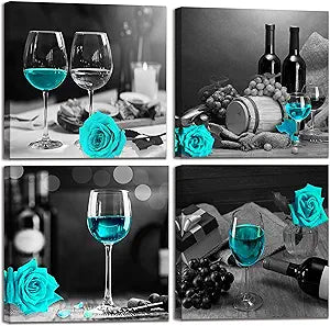 kitchen Wall-Art - Wine Wall Decor For Bedroom Women Black And White Wall Pictures Modern Art Decorations For Living Room - Teal Rose Artwork - Gray Cask Canvas 14x14 Inches x4 Framed