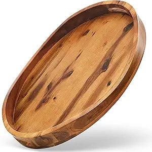 TIDITA Acacia Oval Wooden Serving Tray with Handles - 16.5" x 13" Ottoman Table Oval Wooden Tray - Round Serving Tray - Ottoman Tray for Living Room, Coffee Table Decor, Serving Platter (Acacia)