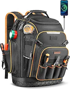 Tool Backpack, Heavy Duty Full Opening Tool Backpack for Men with Waterproof Molded Base, Large Tool Bag Backpacks for Electricians, HVAC Technicians & Contractors,USB Charging Port & Combination Lock