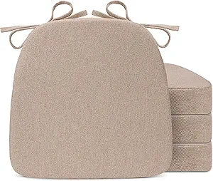 Sunsleek Chair Cushions for Dining Chairs, D-Shaped Seat Cushions with Removable Washable Cover and Ties, Chair Pads for Kitchen, Indoor Dining Room, Patio Chairs, 17'' x 16'', Set of 4, Khaki