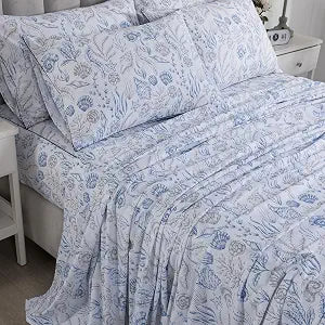 FADFAY Ocean Sheets Set Queen Size 100% Cotton, 4 Piece Coastal Bedding Set, Cooling & Crisp Summer Bedding, Navy Blue Nautical Seaweed Seashell Print, Soft & Breathable Deep Pocket Fitted Sheet